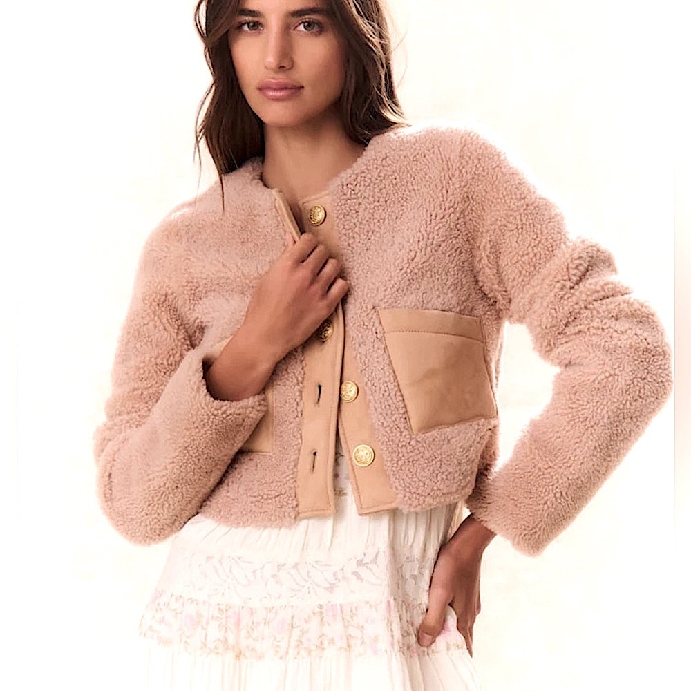 NWT LoveShackFancy Lully Faux Shearling Jacket in Honey. Size XXL.